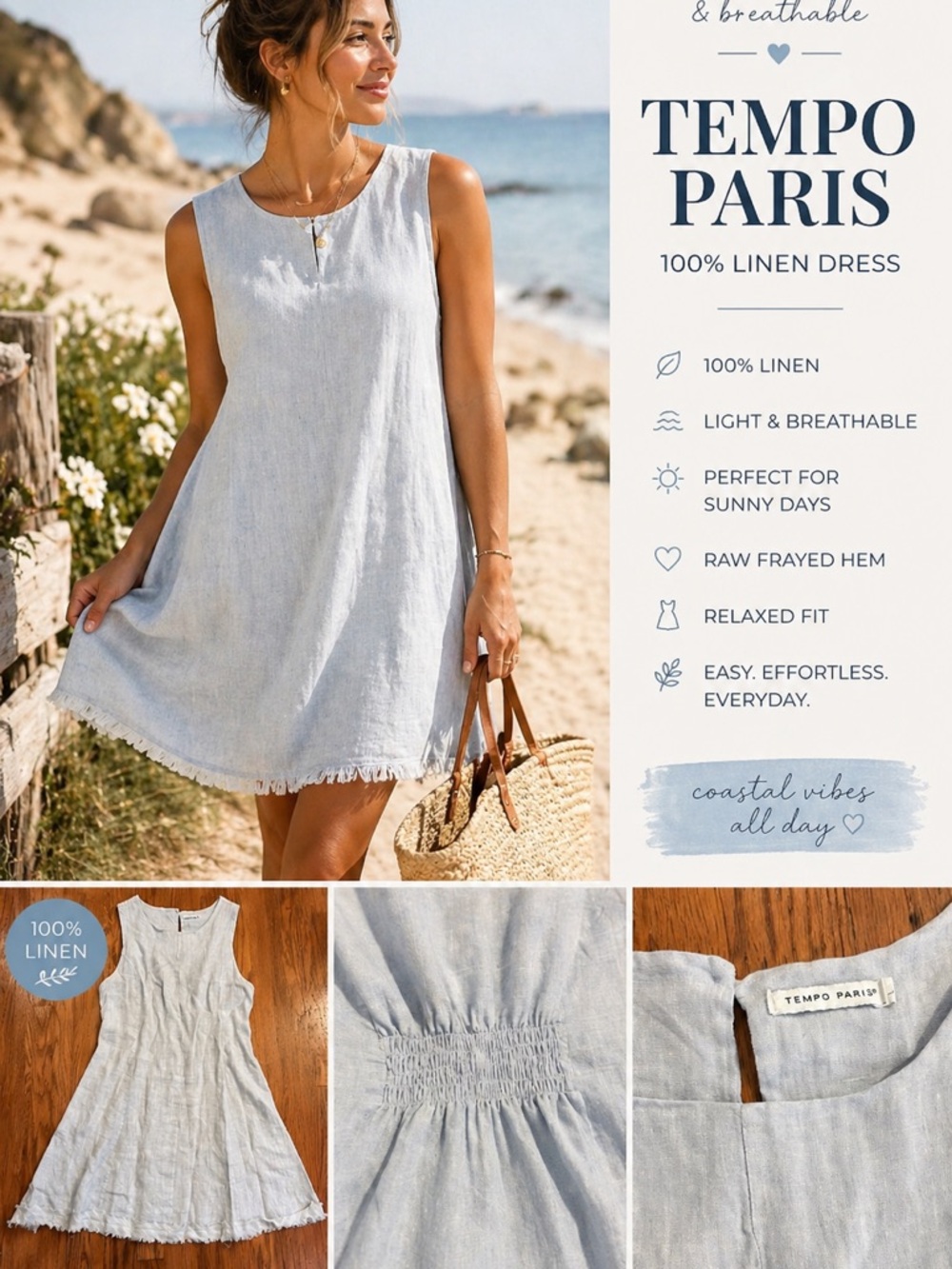 Tempo Paris Linen Dress Raw Hem Light Denim Blue Sleeveless Large - Picture 2 of 10